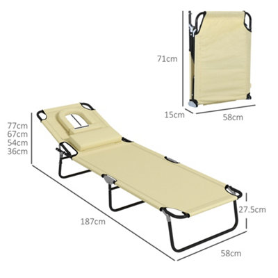 Outsunny Folding Sun Lounger Set of 2 Reclining Chair with Reading Hole Beige - 3