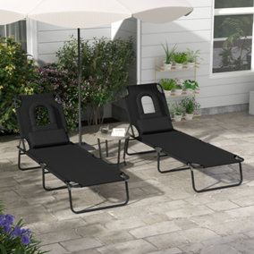 Outsunny Folding Sun Lounger Set of 2 Reclining Chair with Reading Hole Black