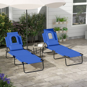 Outsunny Folding Sun Lounger Set of 2 Reclining Chair with Reading Hole Blue