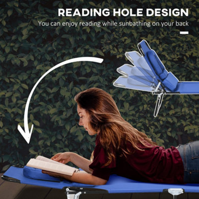 Outsunny Folding Sun Lounger Set of 2 Reclining Chair with Reading Hole Blue