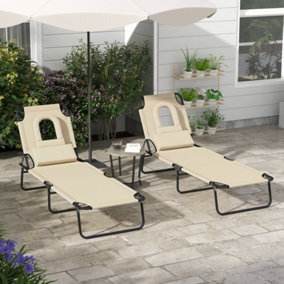 Outsunny Folding Sun Lounger Set of 2 Reclining Chair with Reading Hole Brown