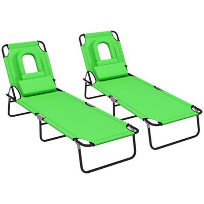 Outsunny Folding Sun Lounger Set of 2 Reclining Chair with Reading Hole Green