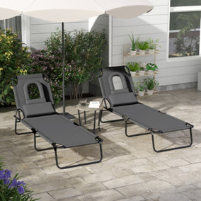 Outsunny Folding Sun Lounger Set of 2 Reclining Chair with Reading Hole Grey