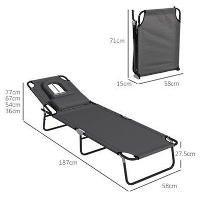 Outsunny Folding Sun Lounger Set of 2 Reclining Chair with Reading Hole Grey - 3