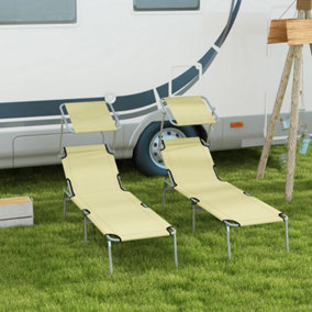 Outsunny Folding Sun Lounger Set of 2 w/ Sunshade Adjustable Backrest Beige