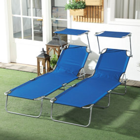Outsunny Folding Sun Lounger Set of 2 w/ Sunshade Adjustable Backrest Blue