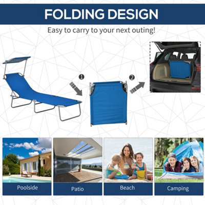 Outsunny Folding Sun Lounger Set of 2 w/ Sunshade Adjustable Backrest Blue