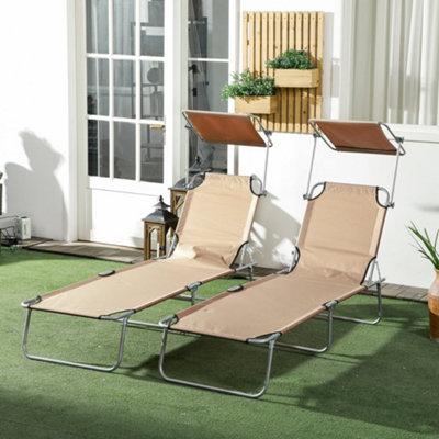 Outsunny Folding Sun Lounger Set of 2 w/ Sunshade Adjustable Backrest Brown