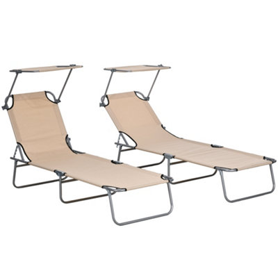 Outsunny Folding Sun Lounger Set of 2 w/ Sunshade Adjustable Backrest Brown
