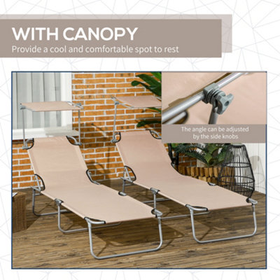 Outsunny Folding Sun Lounger Set of 2 w/ Sunshade Adjustable Backrest Brown - 6