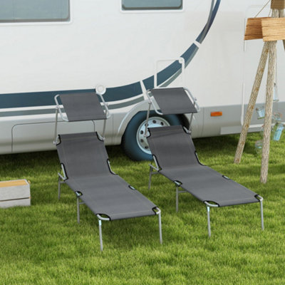 Outsunny Folding Sun Lounger Set of 2 w/ Sunshade Adjustable Backrest Grey