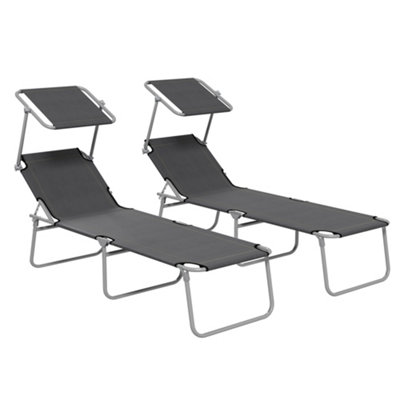 Outsunny Folding Sun Lounger Set of 2 w/ Sunshade Adjustable Backrest Grey