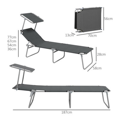 Outsunny Folding Sun Lounger Set of 2 w/ Sunshade Adjustable Backrest Grey - 3