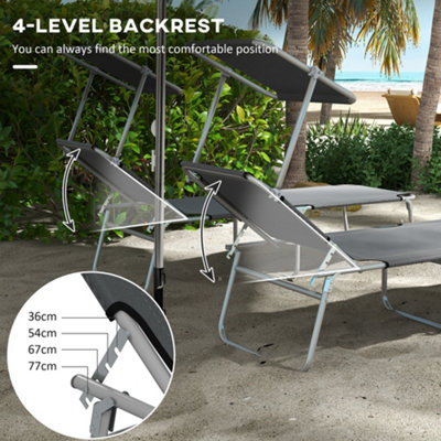 Outsunny Folding Sun Lounger Set of 2 w/ Sunshade Adjustable Backrest Grey - 4