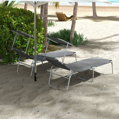Outsunny Folding Sun Lounger Set of 2 w/ Sunshade Adjustable Backrest Grey - 9