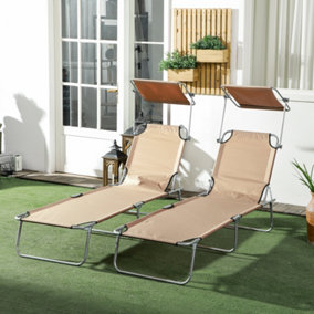 Outsunny Folding Sun Lounger Set of 2 w/ Sunshade Adjustable Backrest Sand