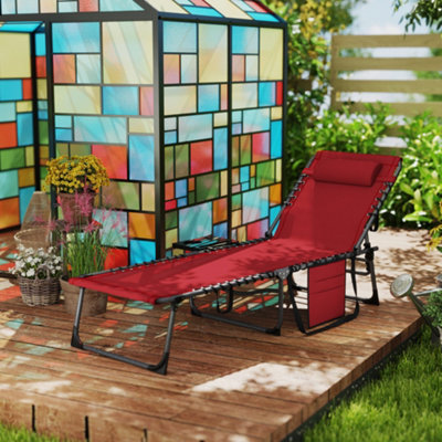 Outsunny Folding Sun Lounger with 5-Level Reclining Back, Side Table, Red