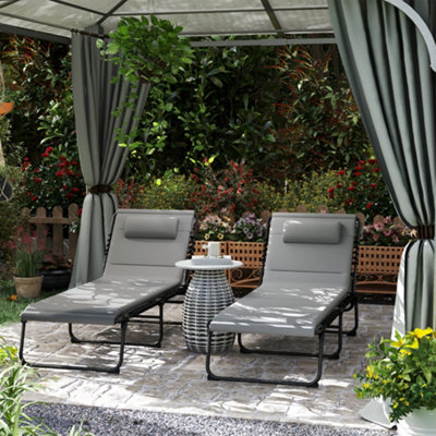 Outsunny Folding Sun Loungers Set of 2, Reclining Sun Bed, Light Grey