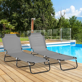 Outsunny Folding Sun Loungers Set of 2 with Adjustable Backrest, Dark Grey