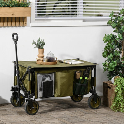 Outsunny Folding Wagon Garden Cart Collapsible Camping Trolley for Outdoor Green