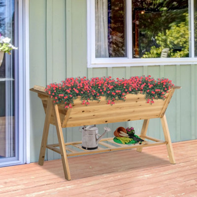 Outsunny Free Standing Wooden Planter Garden Raised Bed w/ Shelf