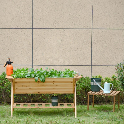 Outsunny Free Standing Wooden Planter Garden Raised Bed w/ Shelf