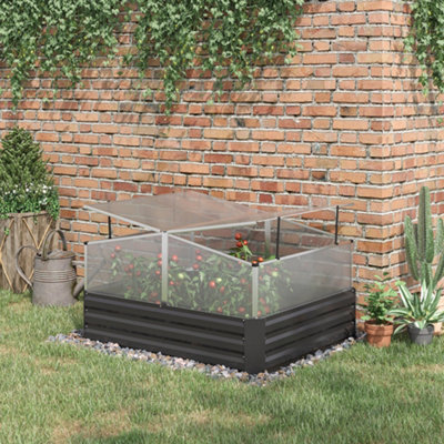 Outsunny Galvanised Raised Garden Bed with Greenhouse and Cover, Dark Grey