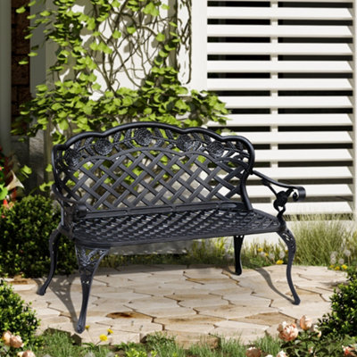 Outsunny Garden Bench Park Chair Cast Aluminium Outdoor 2-seater Black