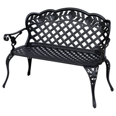 Outsunny Garden Bench Park Chair Cast Aluminium Outdoor 2 seater Black DIY at B Q