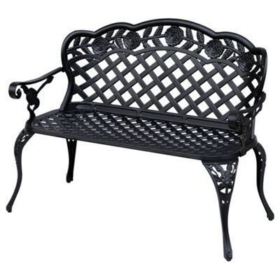 Outsunny Garden Bench Park Chair Cast Aluminium Outdoor 2-seater Black