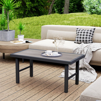 Outsunny Garden Coffee Table with SPC Woodgrain Tabletop, Grey Wood Effect