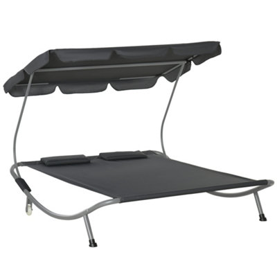 Outsunny Garden Double Hammock Sun Lounger Day Bed Canopy With Stand and 2 Pillows
