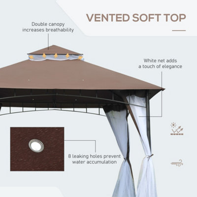 Outsunny Garden Gazebo Wedding Canopy Shelter Mesh Square Party Brown 3 x 3m