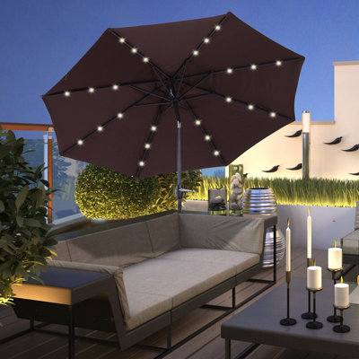 Outsunny Garden Parasol Outdoor Tilt Sun Umbrella LED Light Hand Crank Brown