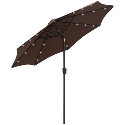 Outsunny Garden Parasol Outdoor Tilt Sun Umbrella LED Light Hand Crank Brown