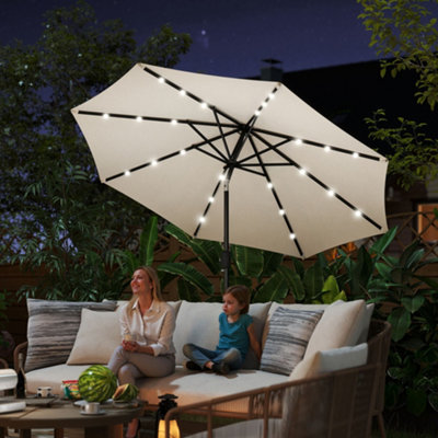 led light bulbs be replaced on a outsunny patio umbrella 9 x 7 ft Outdoor Table Market with Crank Solar Lights Tilt Button for Deck Pool White UV protection Outsunny Solar Umbrella with LED