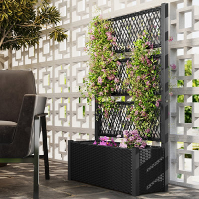 Outsunny Garden Planter Box with Trellis, Rattan Raised Bed, Charcoal Grey