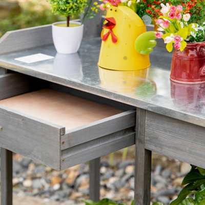 Outsunny Garden Potting Table Workstation w Metal Tabletop Drawer Shelves