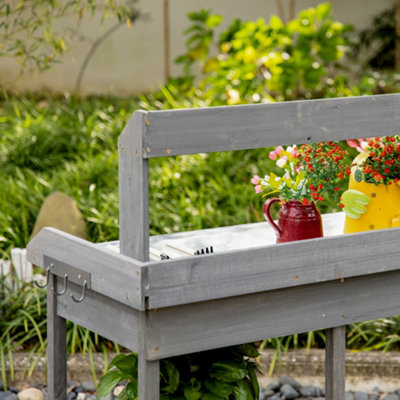 Outsunny Garden Potting Table Workstation w Metal Tabletop Drawer Shelves