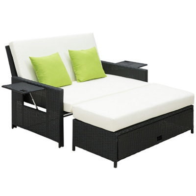 Outsunny Garden Rattan Furniture Set 2 Seater Patio Sun Lounger Daybed Black