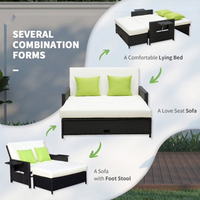 Outsunny Garden Rattan Furniture Set 2 Seater Patio Sun Lounger Daybed Black - 5