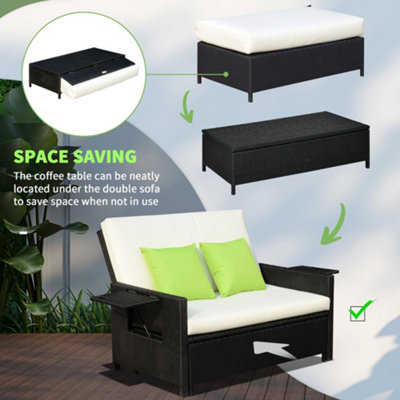 Outsunny Garden Rattan Furniture Set 2 Seater Patio Sun Lounger Daybed Black - 7