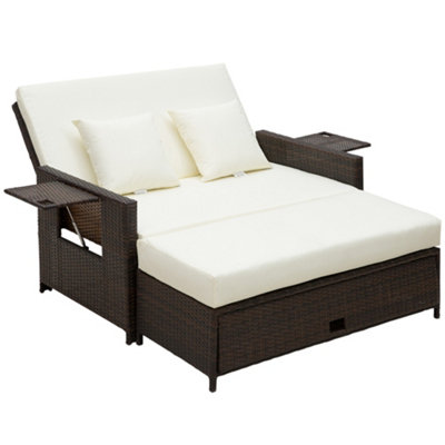 Outsunny Garden Rattan Furniture Set 2 Seater Patio Sun Lounger Daybed Brown