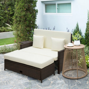 Outsunny Garden Rattan Furniture Set 2 Seater Patio Sun Lounger Daybed Brown
