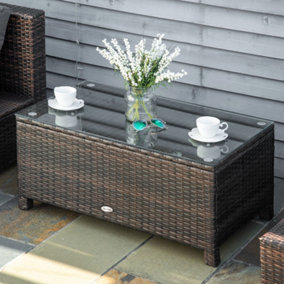 Outsunny Garden Rattan Side Table, Wicker Coffee Desk, Glass Top Mixed Brown