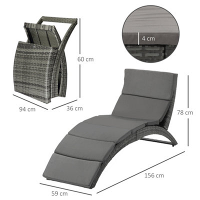 Outsunny Garden Rattan Sun Lounger Foldable Patio Recliner Chaise Chair Grey - 3