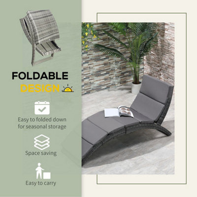 Outsunny Garden Rattan Sun Lounger Foldable Patio Recliner Chaise Chair Grey - 6