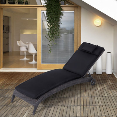 Outsunny Garden Sun Lounger Cushion Replacement Thick  Reclining Chair Relaxer Pad with Pillow - Black