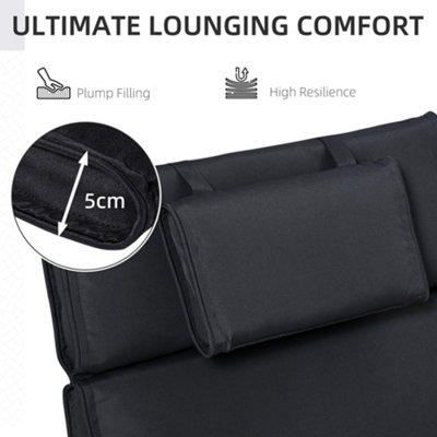 Outsunny Garden Sun Lounger Cushion Replacement Thick  Reclining Chair Relaxer Pad with Pillow - Black