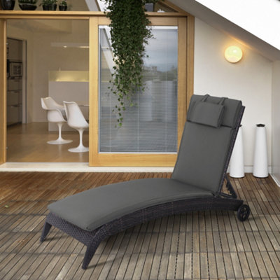 Outsunny Garden Sun Lounger Cushion Replacement Thick Reclining Chair Relaxer Pad with Pillow - Grey